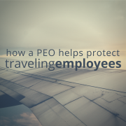 Looking from inside an airplane out at the wing of that airplane. Title - how a PEO helps protect traveling employees