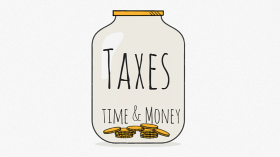 Drawing of a large jar with a few coins at the bottom. Title - Taxes: time and money