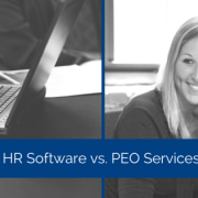 Two images, first is a person typing on a laptop, the second image is of a smiling person on a phone. Title - HR software vs. PEO Services