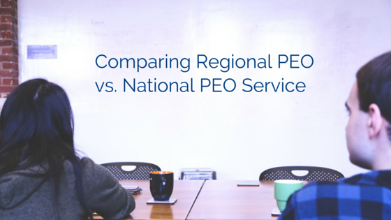 The back of two employees at a conference table with coffee mugs on the table and title - Comparing Regional PEO vs National PEO Service
