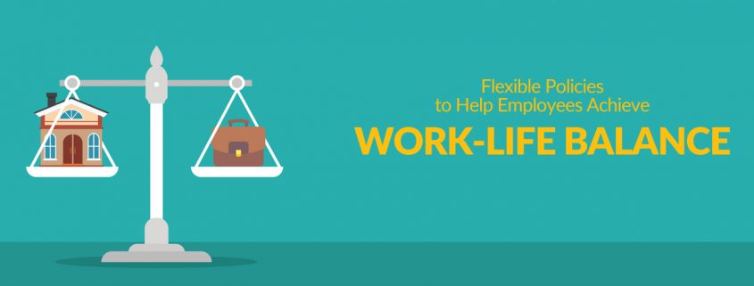 Flexible Policies to Help Employees Achieve Work-life Balance with an old scale, one side has a briefcase, the other has a house.